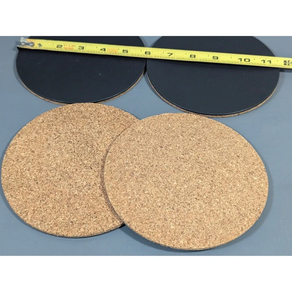 Set of 4 Large Round Black and Cork Coasters 5.75 Inch Circular Tabletop